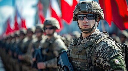 A Polish military parade on Constitution Day with soldiers marching in formation and national flags flying.