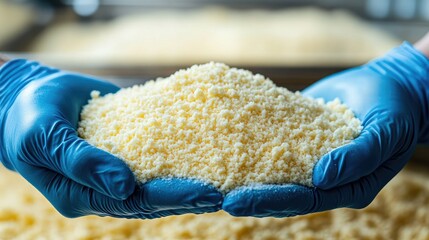 Gloved Hands Hold A Pile Of Granulated Cheese