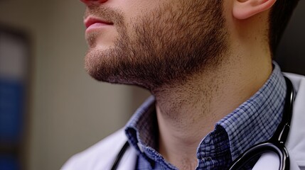 Fototapeta premium Young Male Doctor With Short Beard Wearing a Lab Coat