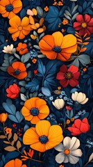 Vibrant Floral Pattern: A Dark Background Botanical Illustration