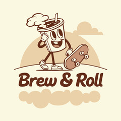 Cheerful Coffee Cup Mascot with Smiling Steam Holding Skateboard