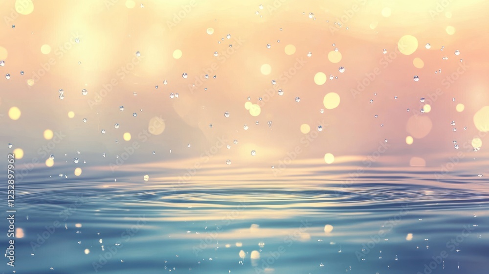 Poster water droplets falling on calm water surface with soft bokeh lights