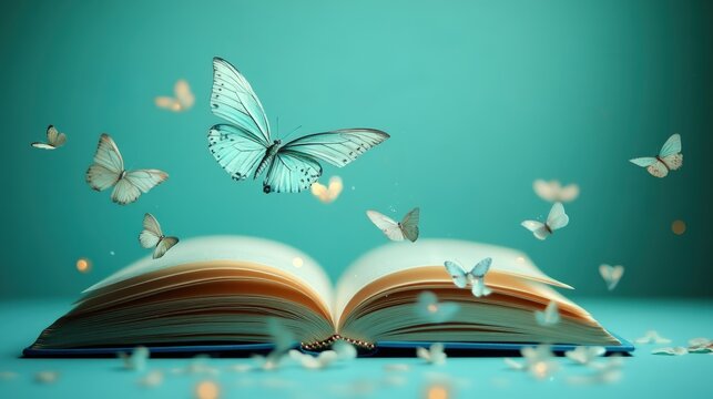 Delicate butterflies fluttering around an open book on a serene turquoise background