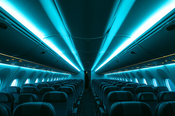 Fototapeta premium Modern Airplane Interior Cabin with Ambient Blue Lighting, Empty Passenger civil aircraft Cabin with rows of Comfortable seats and Overhead Storage, Copy space, Travel Agency Advertisement
