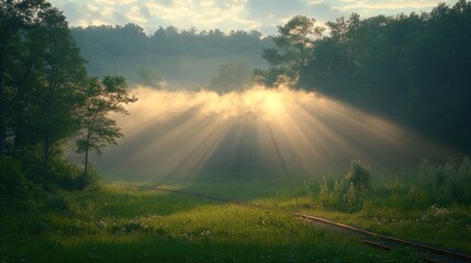 Sunbeams pierce morning mist over forest path