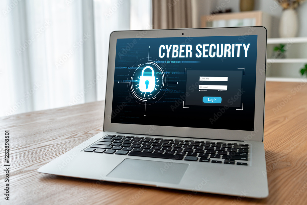 Poster cyber security system on computer screen protect private information snugly from hacker and cyber at