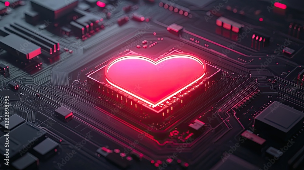 Poster glowing heart embedded in circuit board technology