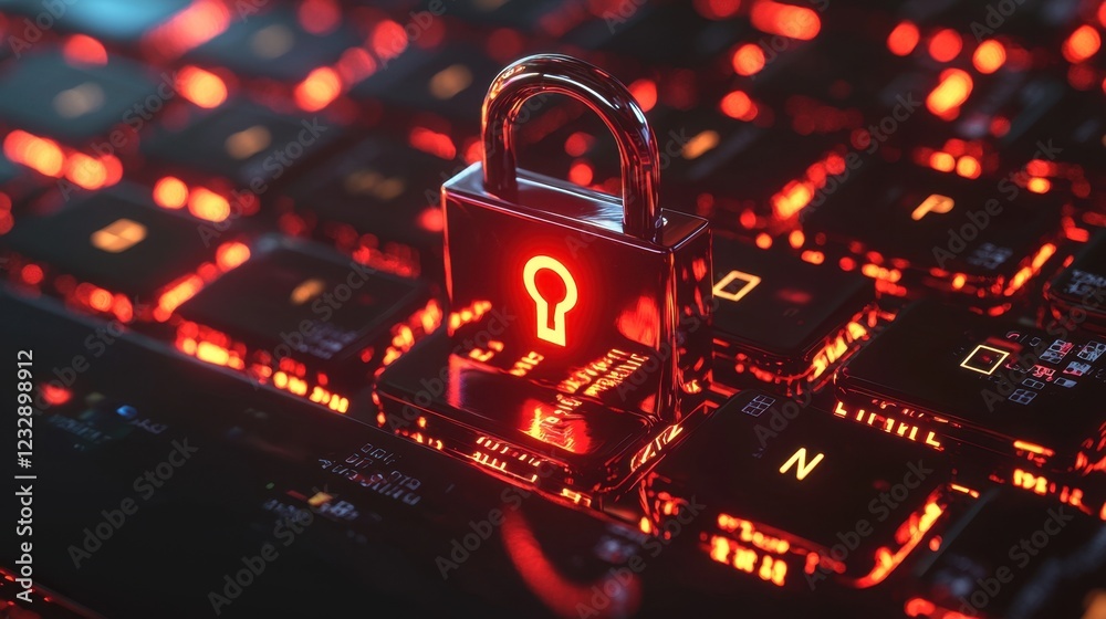 Poster digital security concept with red lock on keyboard background