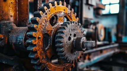 Rusty Gear in Vintage Machinery with Industrial Background