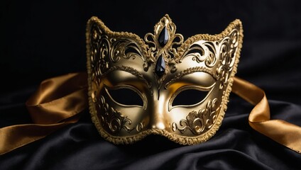 An elegant gold Venetian carnival mask with intricate details and black gemstones lies on a dark satin background