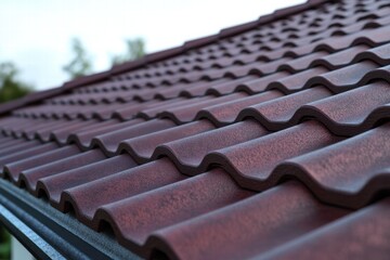 Dark red metal roof tiles covering a stylish house in a peaceful setting
