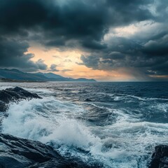 The ocean is rough and the sky is dark