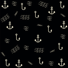 Pattern of palm trees, flamingos, waves and nautical elements with water splashes, playing with these elements to make a fun design with bright colors and beach or vacation objects.