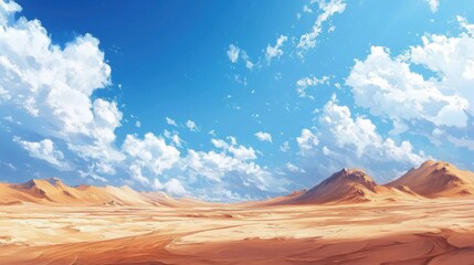 Naklejka premium Expansive Desert Landscape Under Bright Blue Sky with Dramatic Clouds