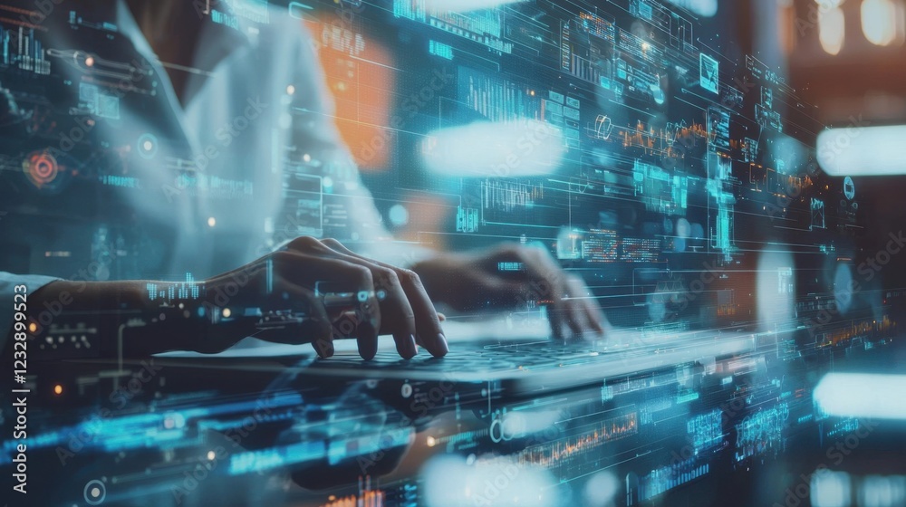 Poster futuristic digital interface with hands typing on computer keyboard
