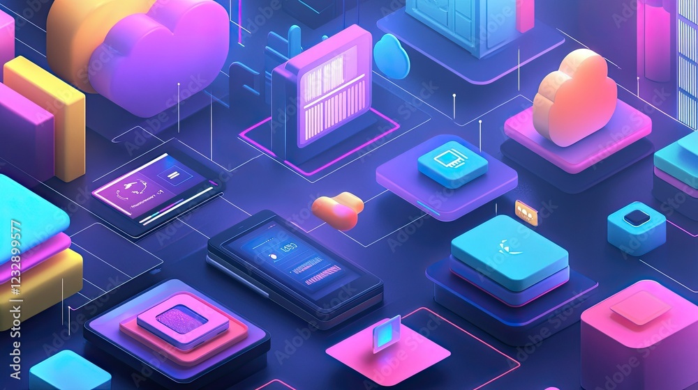 Poster Abstract 3D Render of Colorful Digital Cloud Computing Infrastructure