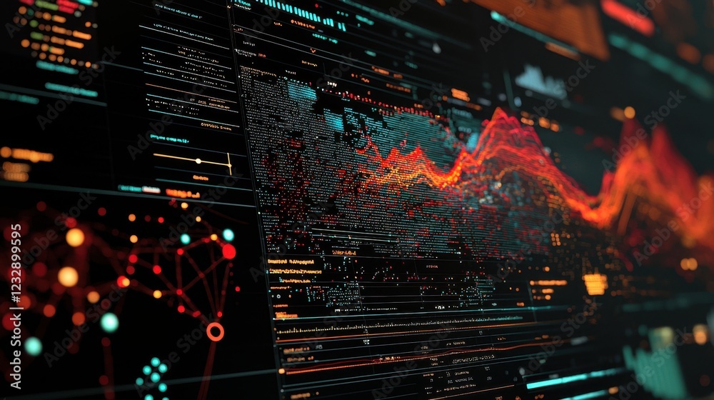 Poster high-tech data visualization with vibrant graphs and patterns