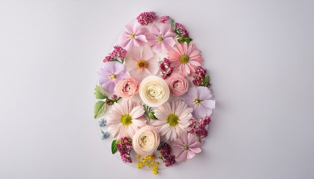 Generated image A flat lay of flowers in pastel tones arranged in the shape of an Easter egg on a white back