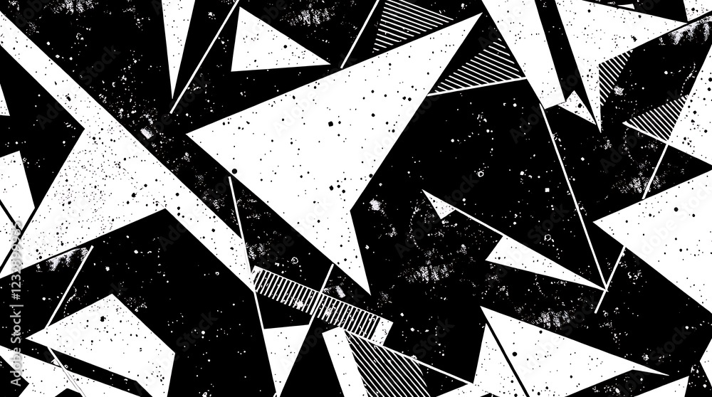 Fototapete abstract geometric pattern, black and white triangles, dynamic composition, sharp angles, fragmented