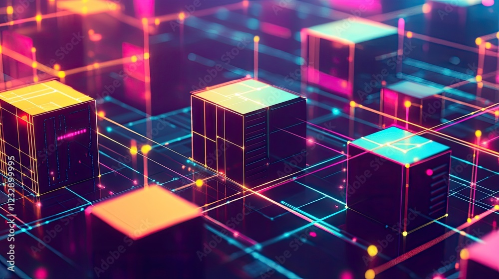 Poster neon cubes connected by bright lines illustrating network