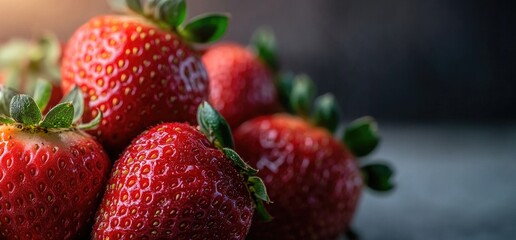 Juicy red strawberries close-up, sunlit background, food photography
