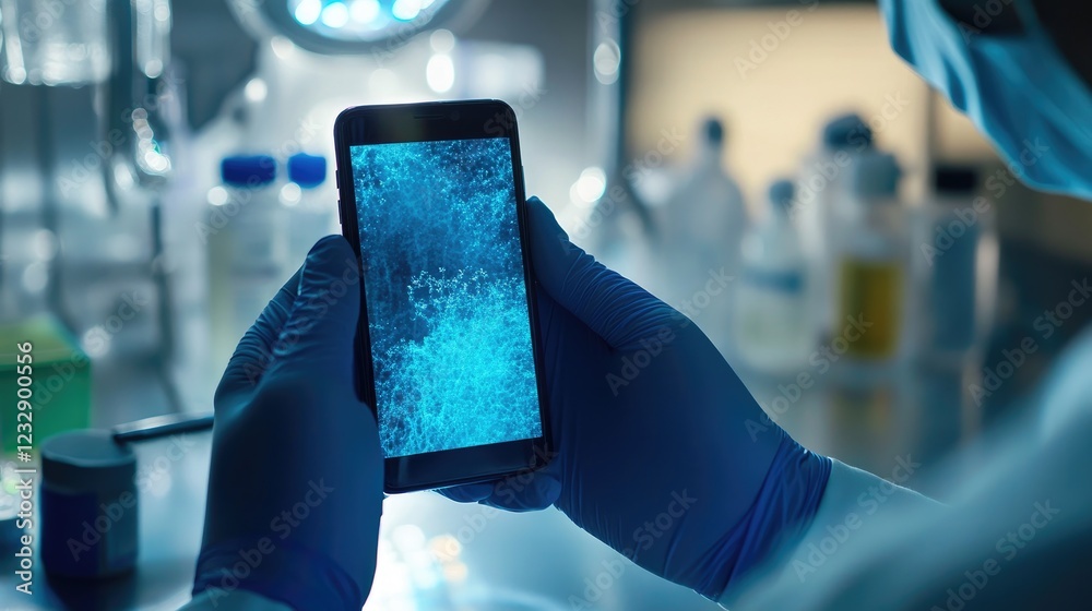 Poster Scientist viewing cellular data on a smartphone