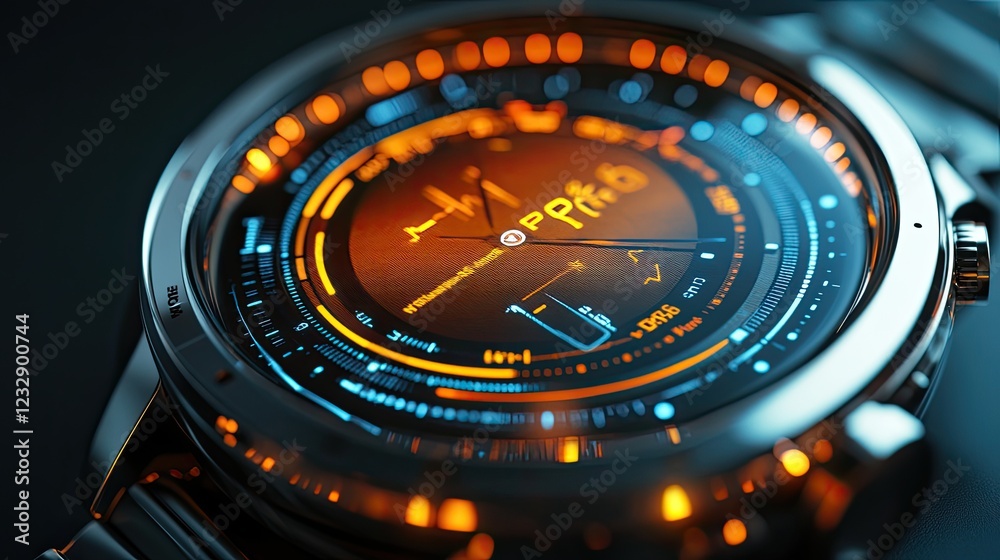 Poster futuristic smartwatch displays health metrics data