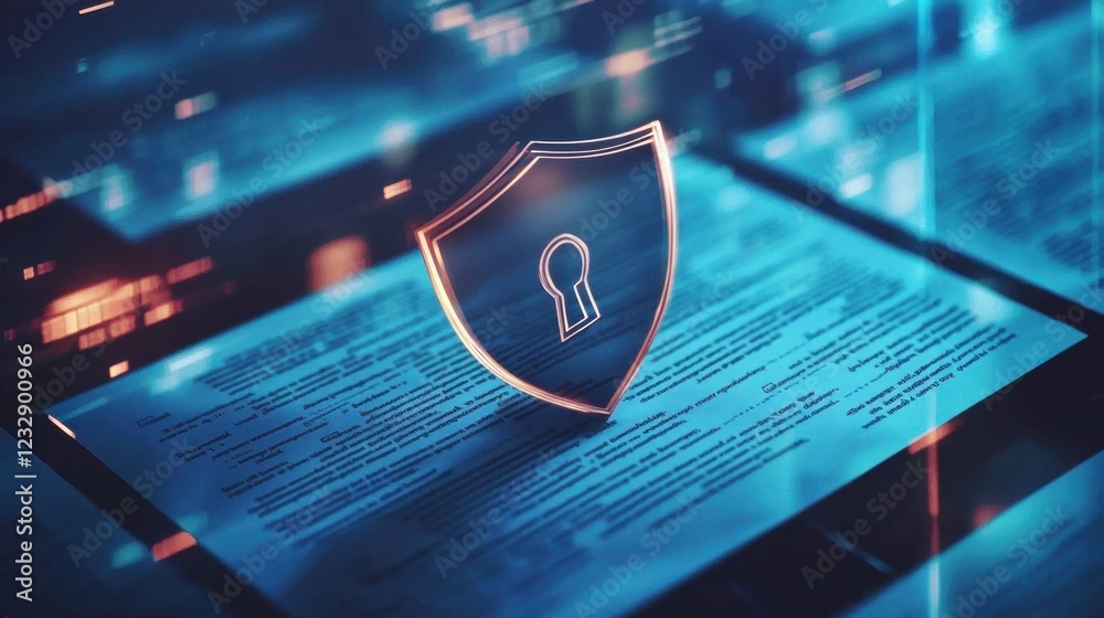 Poster digital security concept with shield and keyhole on data background