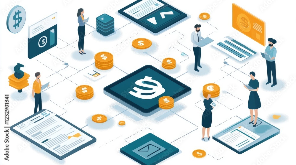 Poster digital financial network showing money flow and transactions