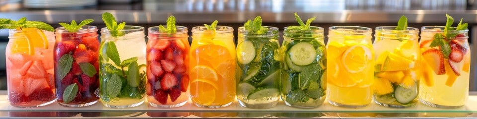 Refreshing assortment of colorful summer fruit infused waters with mint leaves