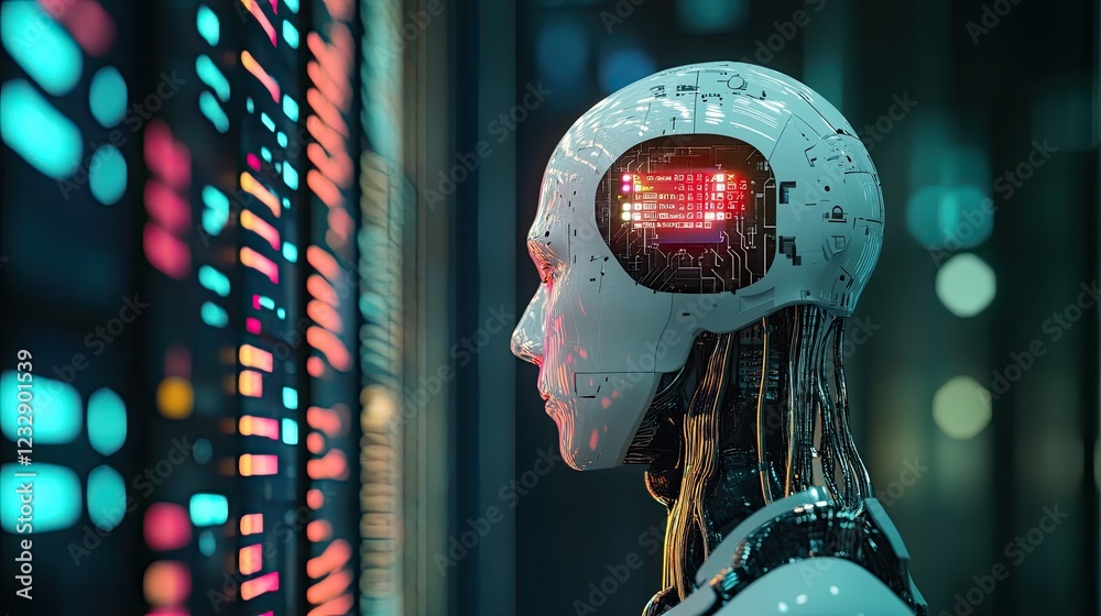 Poster AI Robot Observing Data Streams In A Server Room
