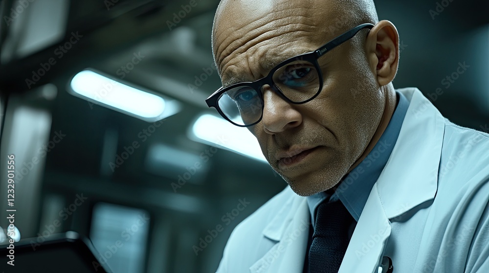 Aufkleber serious bald scientist reviews data on tablet