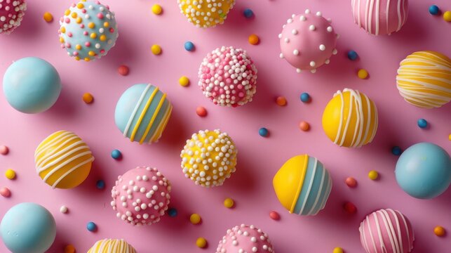 Bright, colorful cake pops with patterns and sprinkles on pink surface