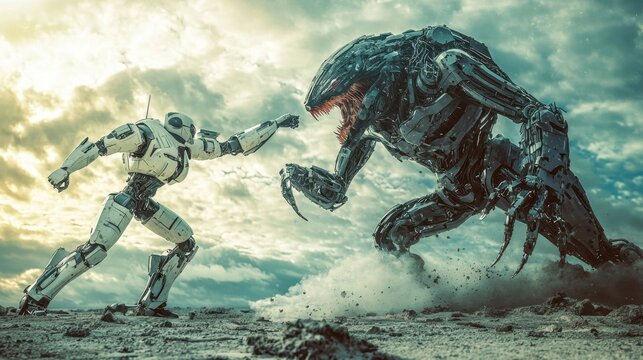 Futuristic Robot and Alien Creature Battle Under Dramatic Sky
