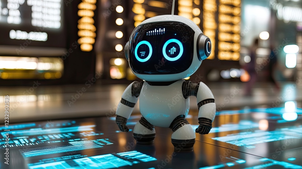 Poster small white robot stands on a digital display