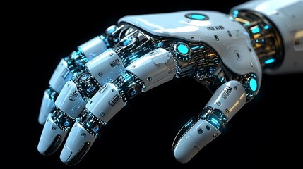 Futuristic robotic hand with glowing elements, showcasing advanced technology and design