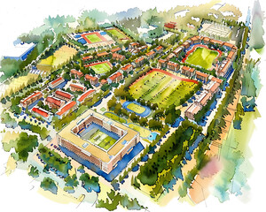 Aerial view of large sports complex featuring multiple fields, courts, and buildings surrounded by greenery. layout showcases various athletic facilities and open spaces