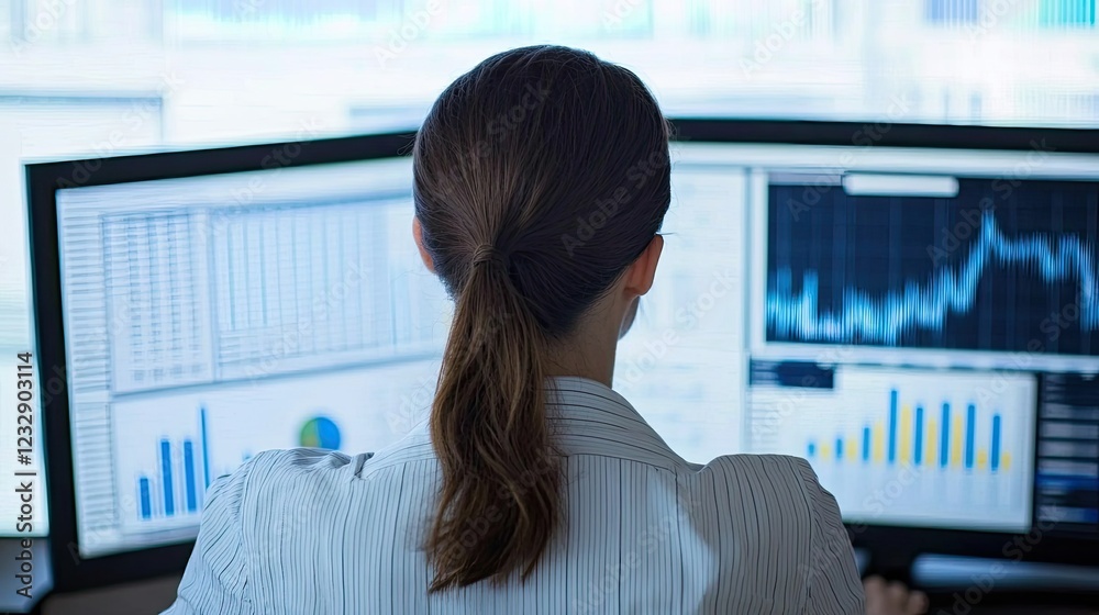 Poster woman analyzing financial data on multiple monitors