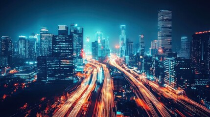 Fototapeta premium Vibrant Night Cityscape with Light Trails and Skyscrapers