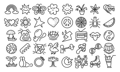 Forty cute doodles in groovy style. Icons, emblems, outline objects. Vector set