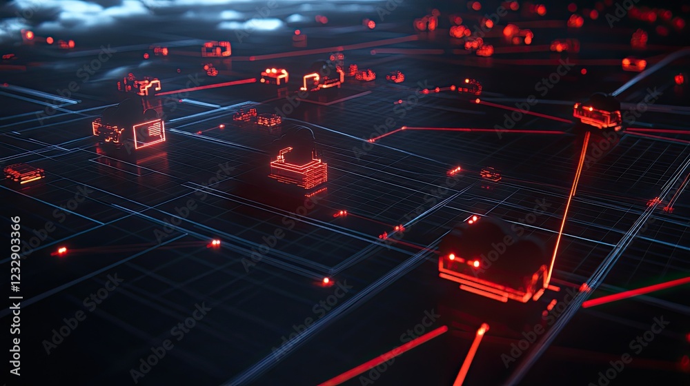 Poster networked digital cityscape illuminated red lines