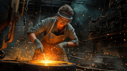 A skilled female metalworker in protective gear works with molten metal in a foundry, surrounded by glowing sparks and intense heat, showcasing craftsmanship and dedication