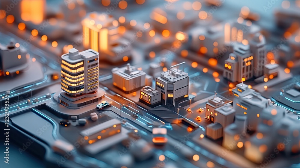 Poster illuminated cityscape model featuring modern architecture