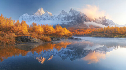 Majestic autumn landscape with golden trees, calm lake reflecting snowy mountains, mist above water, and soft morning light in nature