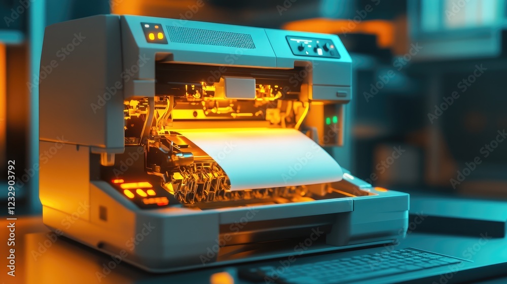 Aufkleber modern printer producing a document in office setting