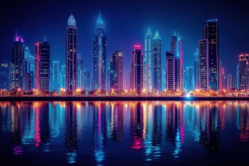 Fototapeta premium Nighttime Cityscape: Towering Skyscrapers Reflecting on Tranquil Water