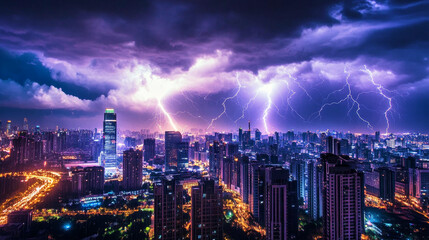 Fototapeta premium City skyline illuminated by lightning during a fierce thunderstorm at night