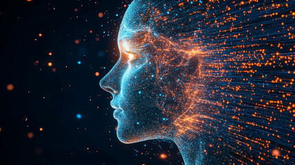 Digital mind concept shows human face dissolving into streams of data and light
