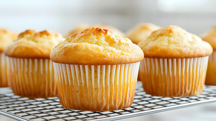 Golden muffins cooling on rack, kitchen background, baking