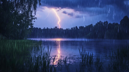 Dramatic lightning illuminates a peaceful pond under heavy rain at night